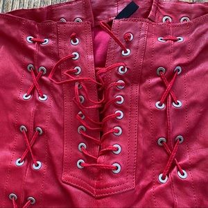 Genuine Leather Red Lace Up Leather Pants